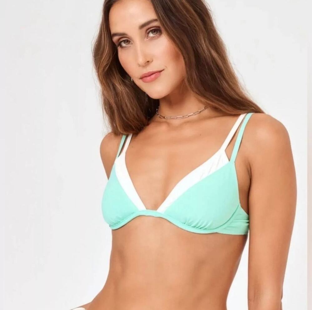 L*Space Fused Zendaya Bikini Swim Top in Bright Teal Cream Layered Size M